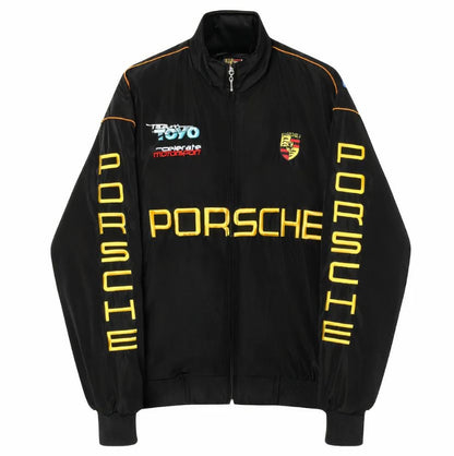 Black Embroidery Racing Style Zip-Up Jacket – Motorsport Edition