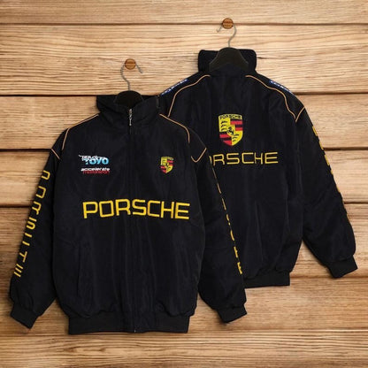 Black Embroidery Racing Style Zip-Up Jacket – Motorsport Edition